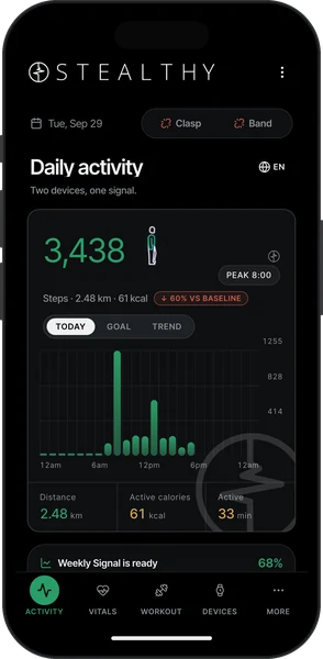 The Stealthy app showing the day's steps, distance and active minutes